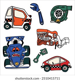 hand drawn y2k cute car illustration. F1 car, classic car, engine, piston, wrench