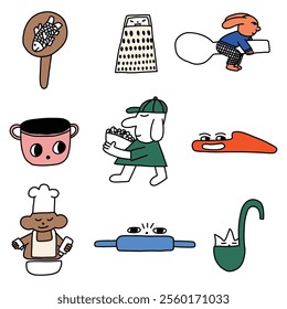 hand drawn y2k cute cooking character illustration