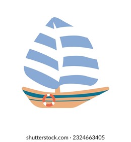 Hand drawn Yacht with blue and white sails isolated on white background