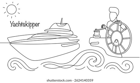 Hand drawn yacht skipper with a steering wheel in his hands and a yacht. The man is responsible for the control of the vessel, the safety of passengers and crew. Vector illustration