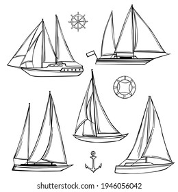 Hand drawn yachts set. Vector sketch  illustration. 