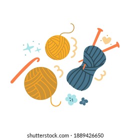 Hand drawn yarn, knitting needles and crochet hook. Flat illustration. DIY concept.