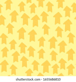 Hand drawn yellow arrow seamless pattern on stripes background. For book covers, wallpapers, graphic art, wrapping paper and textile design. Vector illustration