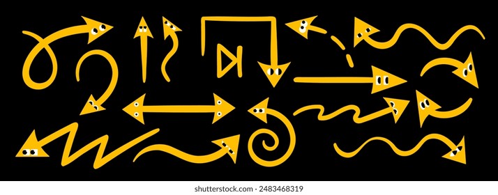 Hand drawn yellow arrows on a dark background. Abstract arrows drawn with a brush with eyes on them. Collection of vector signs with arrows in different directions.