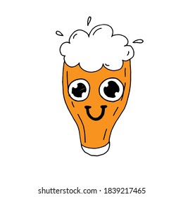 Hand drawn yellow beer mug with eyes and smile.