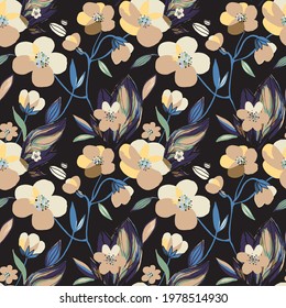 Hand drawn yellow blooming flowers seamless pattern. Botanical floral and leaves background. Vector print, texture on dark background.
