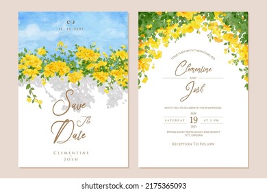 Hand drawn yellow bougainvillea flower bloom wedding invitation set template svg