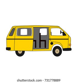 Hand drawn yellow bus with black stripe and door open