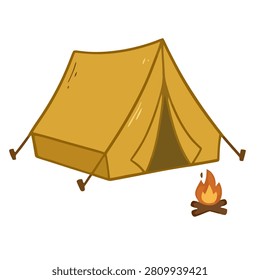 Hand Drawn Yellow Camping Tent with a Warm Crackling Campfire for Outdoor Adventure Travel and Summer Hiking Wilderness Exploration