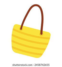 Hand drawn yellow canvas beach bag. Vector illustration of a women's Beach bag with brown handles on a white background.