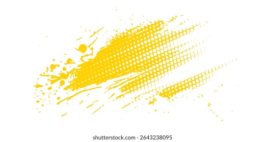 A tinta de cor amarela desenhada à mão pinta pinceladas traçados isolados texto design citação ou texto informação. Elementos gráficos pintados para informações de texto, anúncios, oferta, grande, manchas de splatter, pincel, sobreposição
