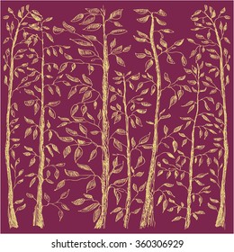 Hand drawn yellow contour of simplified image of shoots with leaves on a violet background. Can be used as a background for any purpose, as a postcard or as a simple illustration.