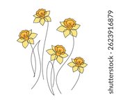Hand drawn yellow daffodil flower vector. Linear icon. Line continuous drawing. Floral design, botanical print, card, wall art poster, logo, sign, doodle, symbol. Abstract cartoon plant illustration