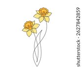 Hand drawn yellow daffodil flower vector. Linear icon. Line continuous drawing. Floral design, botanical print, card, wall art poster, logo, sign, doodle, symbol. Abstract cartoon plant illustration
