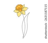 Hand drawn yellow daffodil flower vector. Linear icon. Line continuous drawing. Floral design, botanical print, card, wall art poster, logo, sign, doodle, symbol. Abstract cartoon plant illustration
