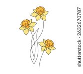 Hand drawn yellow daffodil flower vector. Linear icon. Line continuous drawing. Floral design, botanical print, card, wall art poster, logo, sign, doodle, symbol. Abstract cartoon plant illustration