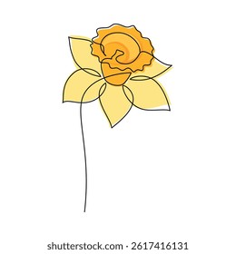 Hand drawn yellow daffodil flower vector. Linear icon. Line continuous drawing. Floral design, botanical print, card, wall art poster, logo, sign, doodle, symbol. Abstract cartoon plant illustration