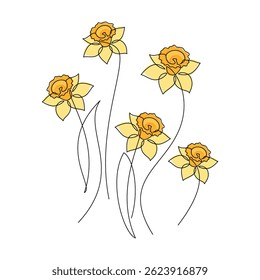 Hand drawn yellow daffodil flower vector. Linear icon. Line continuous drawing. Floral design, botanical print, card, wall art poster, logo, sign, doodle, symbol. Abstract cartoon plant illustration