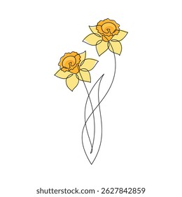 Hand drawn yellow daffodil flower vector. Linear icon. Line continuous drawing. Floral design, botanical print, card, wall art poster, logo, sign, doodle, symbol. Abstract cartoon plant illustration