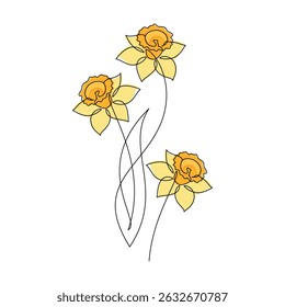 Hand drawn yellow daffodil flower vector. Linear icon. Line continuous drawing. Floral design, botanical print, card, wall art poster, logo, sign, doodle, symbol. Abstract cartoon plant illustration