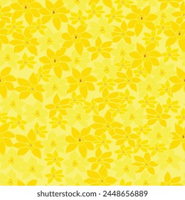 Narcisos amarillos dibujados a mano que se superponen entre sí sobre un fondo amarillo claro. Como un rayo de sol. Patrón de repetición de Vector