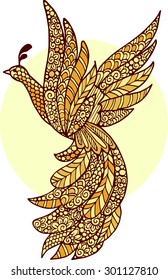 Hand drawn yellow doodle bird illustration. Ornate bird drawing decorated with abstract ornaments