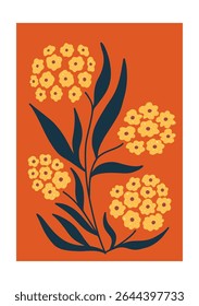 Hand drawn yellow flowers with dark green leaves on bright orange background.