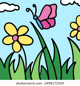 Hand drawn yellow flowers, grass, butterfly, blue sky for background, wallpaper, backdrop, post card, environment, vacation, travel, spring, summer, park, outdoor, nature, garden, scenery, blossom