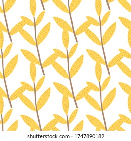 Hand drawn yellow foliage brances seamless pattern. Twigs endless wallpaper. Decorative backdrop for fabric design, textile print, wrapping. Vector illustration