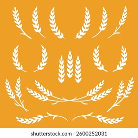 Hand drawn yellow food bio wheat ears, oats, rye grain spikes and sheaf set icons sign