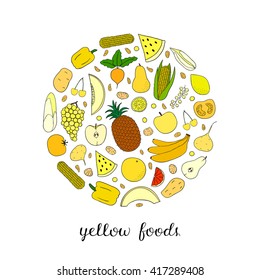 Hand drawn yellow fruits, berries and vegetables in circle shape. Lemon, pepper, raisin, melon, pineapple, cherry, grape, tomato, dried fig, banana, pear, beet, currant, corn.