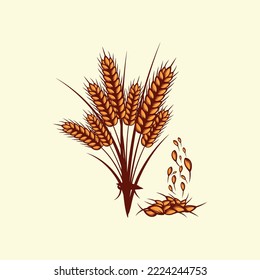 Hand drawn yellow golden colored of wheat ears cereals barley illustration in vintage and retro style on white background