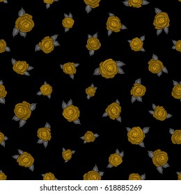 Hand drawn yellow and gray roses pattern on a black background. Vector floral sketch. Vintage flower seamless pattern. Flower pattern with roses.