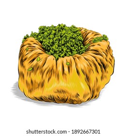 Hand drawn yellow and green crispy pistachio nightingale nest baklava vector illustration. Bülbül yuvası baklava with its traditional name.