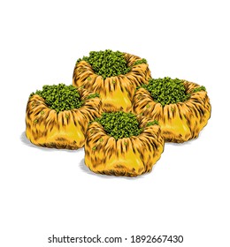 Hand drawn yellow and green crispy pistachio nightingale nest baklava vector illustration. Bülbül yuvası baklava with its traditional name.