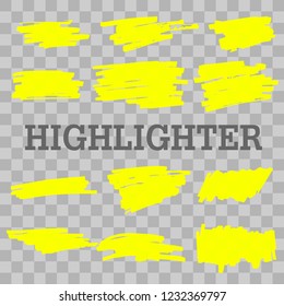 Hand drawn yellow highlight marker lines. Highlighter strokes isolated vector set. Vector illustration