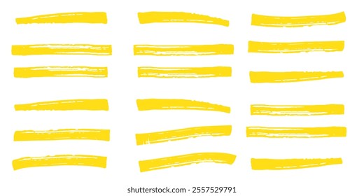 Hand drawn yellow highlight marker lines. Highlighter strokes isolated on  background vector set. Highlighter drawing design illustration . 333