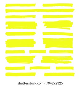 Hand drawn yellow highlight marker lines. Highlighter strokes isolated on white background vector set. Highlighter drawing design illustration
