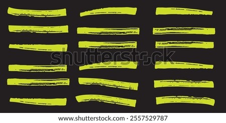 Hand drawn yellow highlight marker lines. Highlighter strokes isolated on  background vector set. Highlighter drawing design illustration . 333
