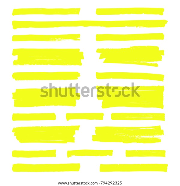 Hand drawn yellow highlight marker lines.\
Highlighter strokes isolated on white background vector set.\
Highlighter drawing design\
illustration