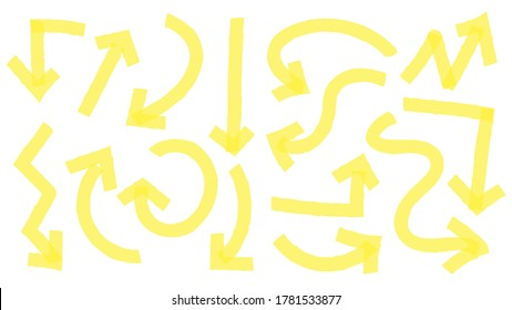 Hand drawn yellow highlighter arrows, pointers in different directions. Curly and wavy arrowheads going up, down, left and right. Doodle marker pen lines in arch form vector illustration