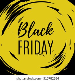 Hand drawn yellow ink stain sale background with lettering. Black friday sale logo for banner, web, flyer, header design. Vector 