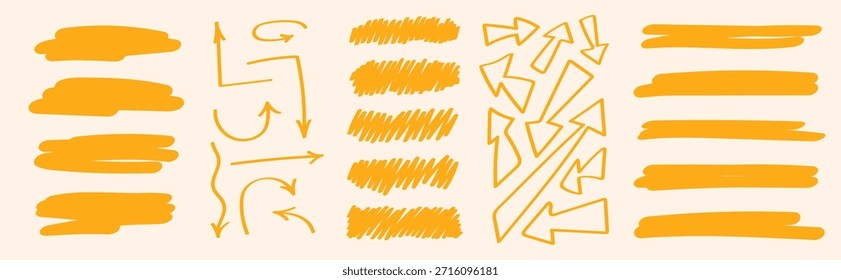 Handgezeichnete gelbe Benutzeroberfläche doodle Formen mit Rahmen, Pfeilen, Symbolen und Betonungssymbolen gesetzt
