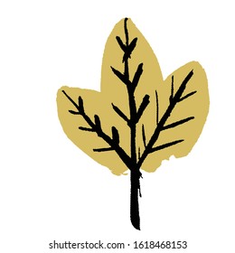 Hand drawn yellow leaf isolated. Black branch. Tulip petal. Simple illustration. Tropical floral doodle element. Spring plant. Wedding design. For post cards, textile, wallpaper and wrapping paper. 