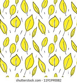 Hand Drawn Yellow Leaves As Seamless Pattern. 