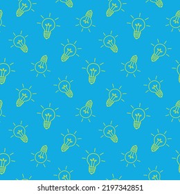 Hand drawn yellow light bulbs on blue background, seamless pattern, flat vector