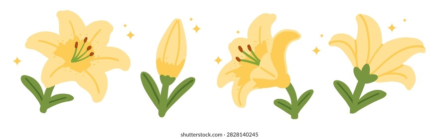Hand drawn yellow lily flowers with green stems and leaves, blooming flowers and flower buds, decorative botanical collection with small sparkles, isolated on white background.