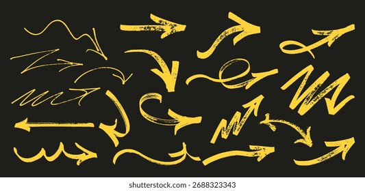Setas marcadoras amarelas desenhadas à mão ajustadas. Aromas de pincel grunge áspero e destaques esboçados, sublinhados para planejadores, notas, infográficos, apresentações digitais.
