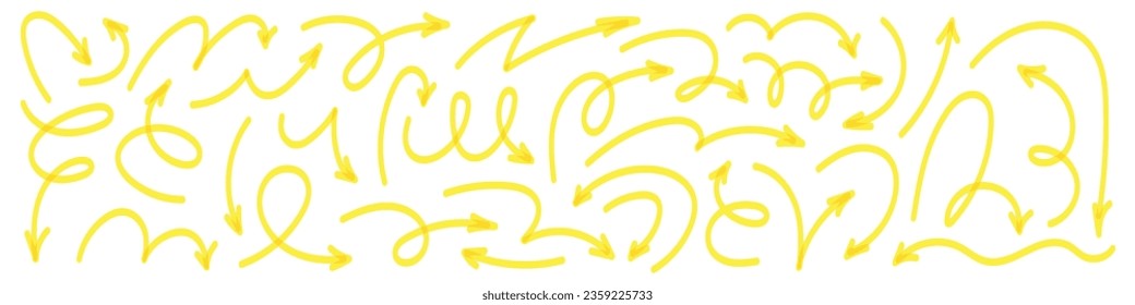 Hand drawn yellow markers arrows doodle set. Various sketch elements like pen, pencil, and brush highlights marks. Flat vector illustration isolated on white background.