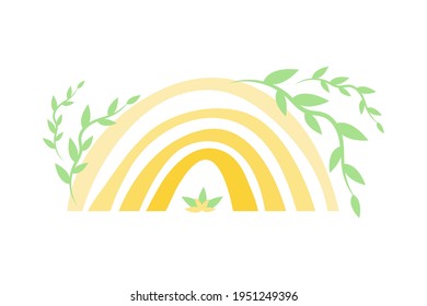 Hand drawn yellow minimalist boho rainbow with branches. Boho nursery rainbow print, children's element, isolated on white background. Easter vector spring colored rainbow for baby cards and posters